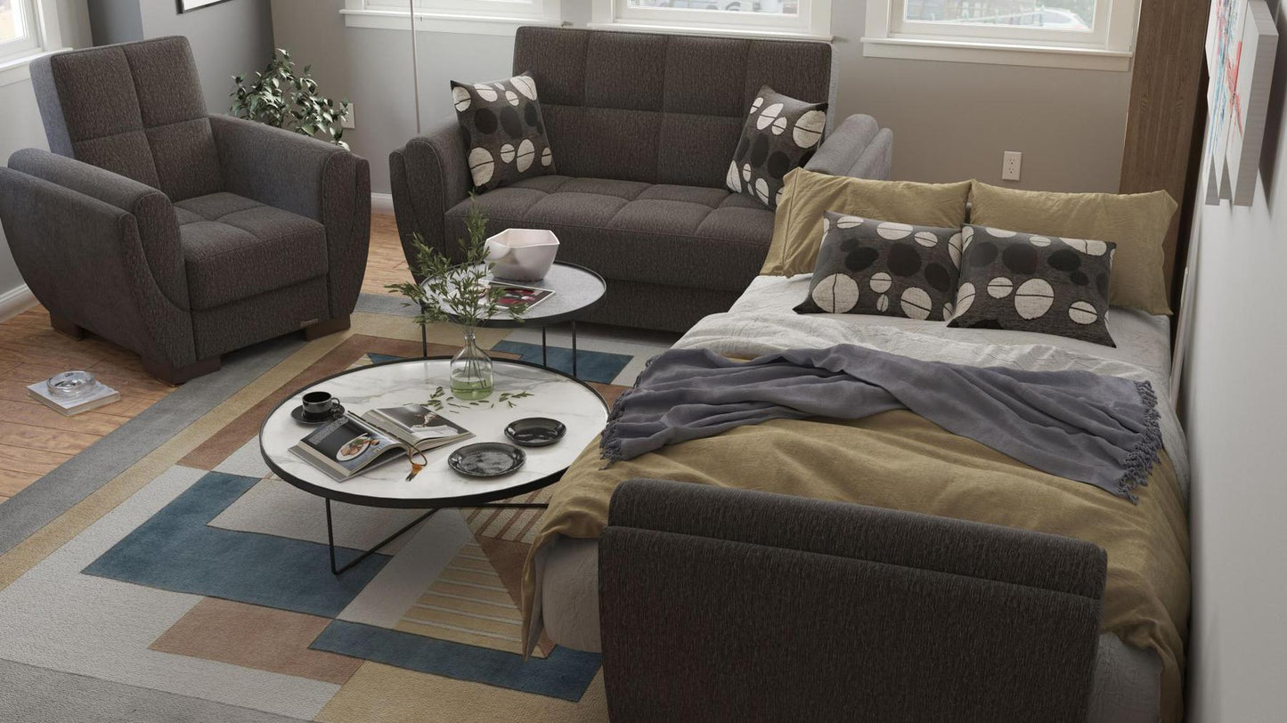 Modern design, Dark Slate Gray , Chenille upholstered convertible Armchair with underseat storage from Voyage Shelter by Ottomanson in living room lifestyle setting converted to sleeper. This Armchair measures 42 inches width by 36 inches depth by 41 inches height.