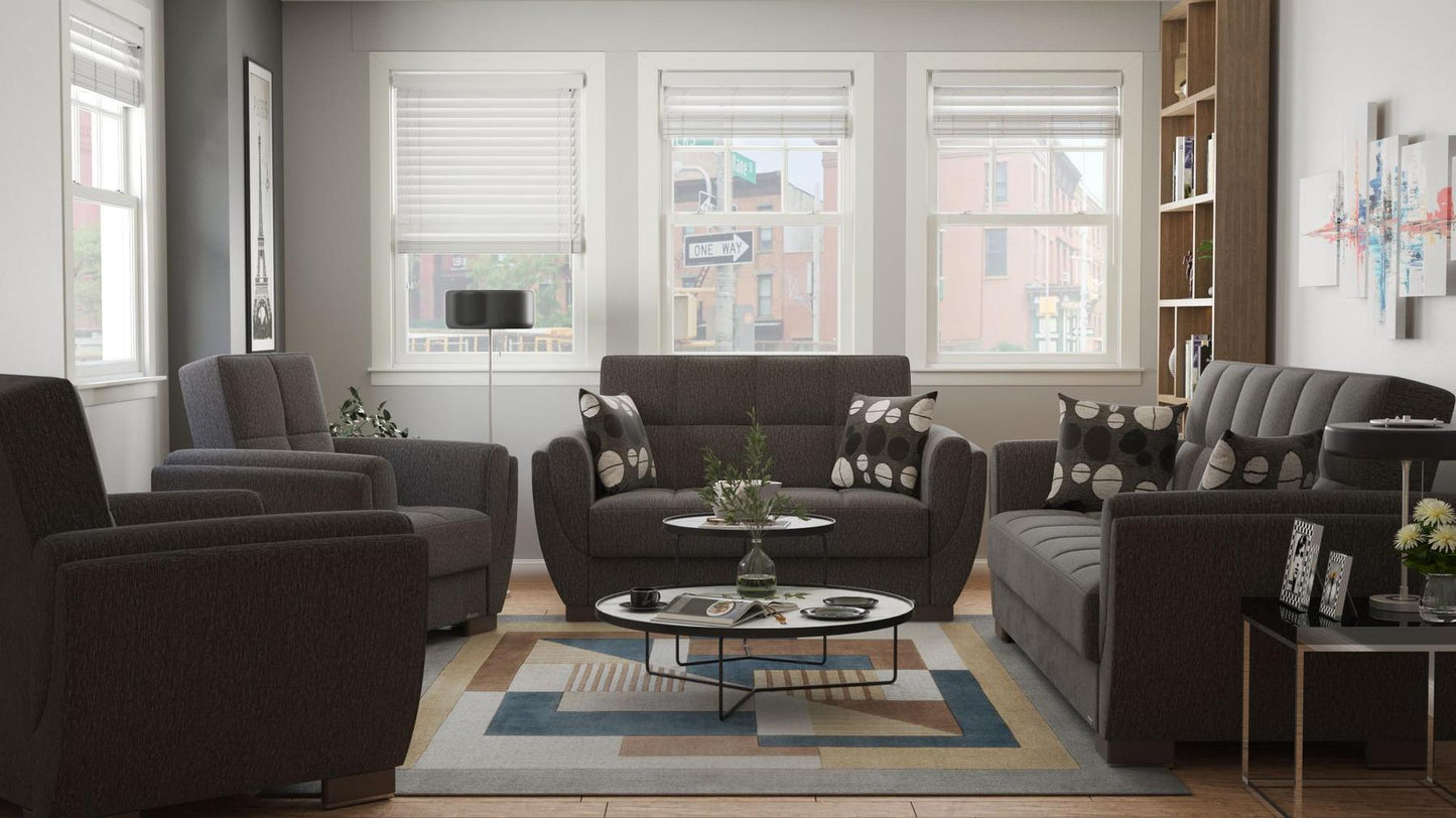 Modern design, Dark Slate Gray , Chenille upholstered convertible sleeper Loveseat with underseat storage from Voyage Shelter by Ottomanson in living room lifestyle setting with the matching furniture set. This Loveseat measures 71 inches width by 36 inches depth by 41 inches height.