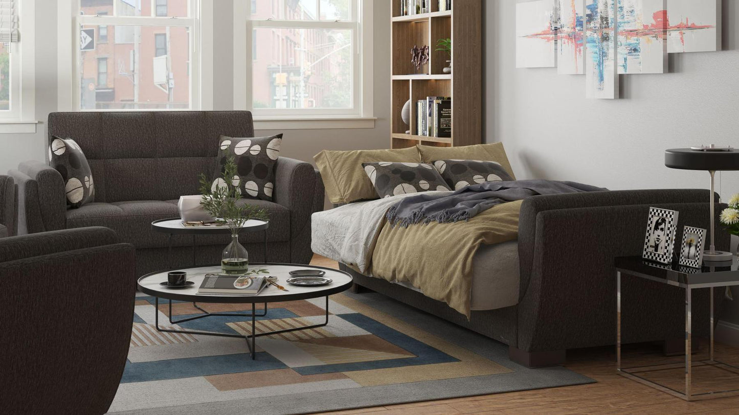 Modern design, Dark Slate Gray , Chenille upholstered convertible sleeper Loveseat with underseat storage from Voyage Shelter by Ottomanson in living room lifestyle setting converted to sleeper. This Loveseat measures 71 inches width by 36 inches depth by 41 inches height.