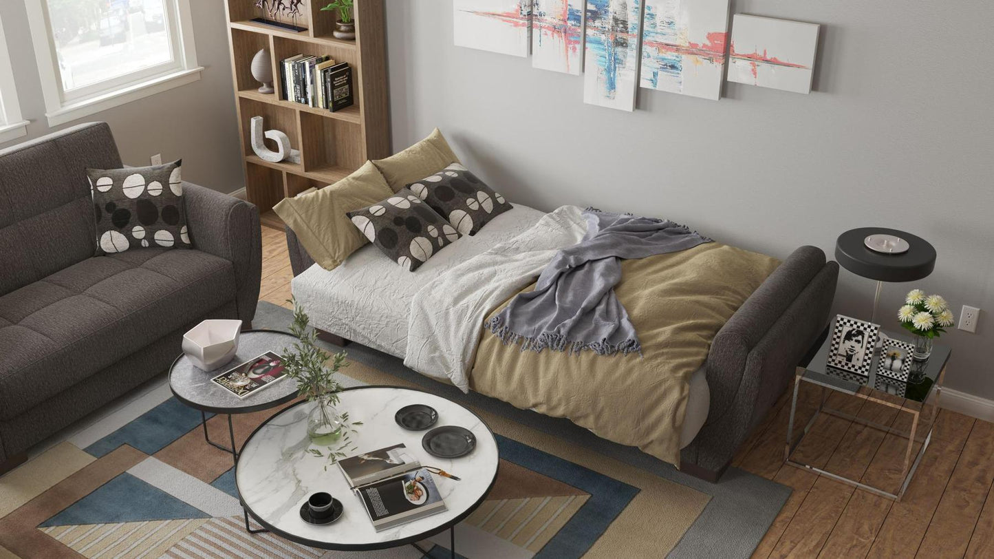 Modern design, Dark Slate Gray , Chenille upholstered convertible sleeper Sofabed with underseat storage from Voyage Shelter by Ottomanson in living room lifestyle setting converted to sleeper. This Sofabed measures 94 inches width by 36 inches depth by 41 inches height.