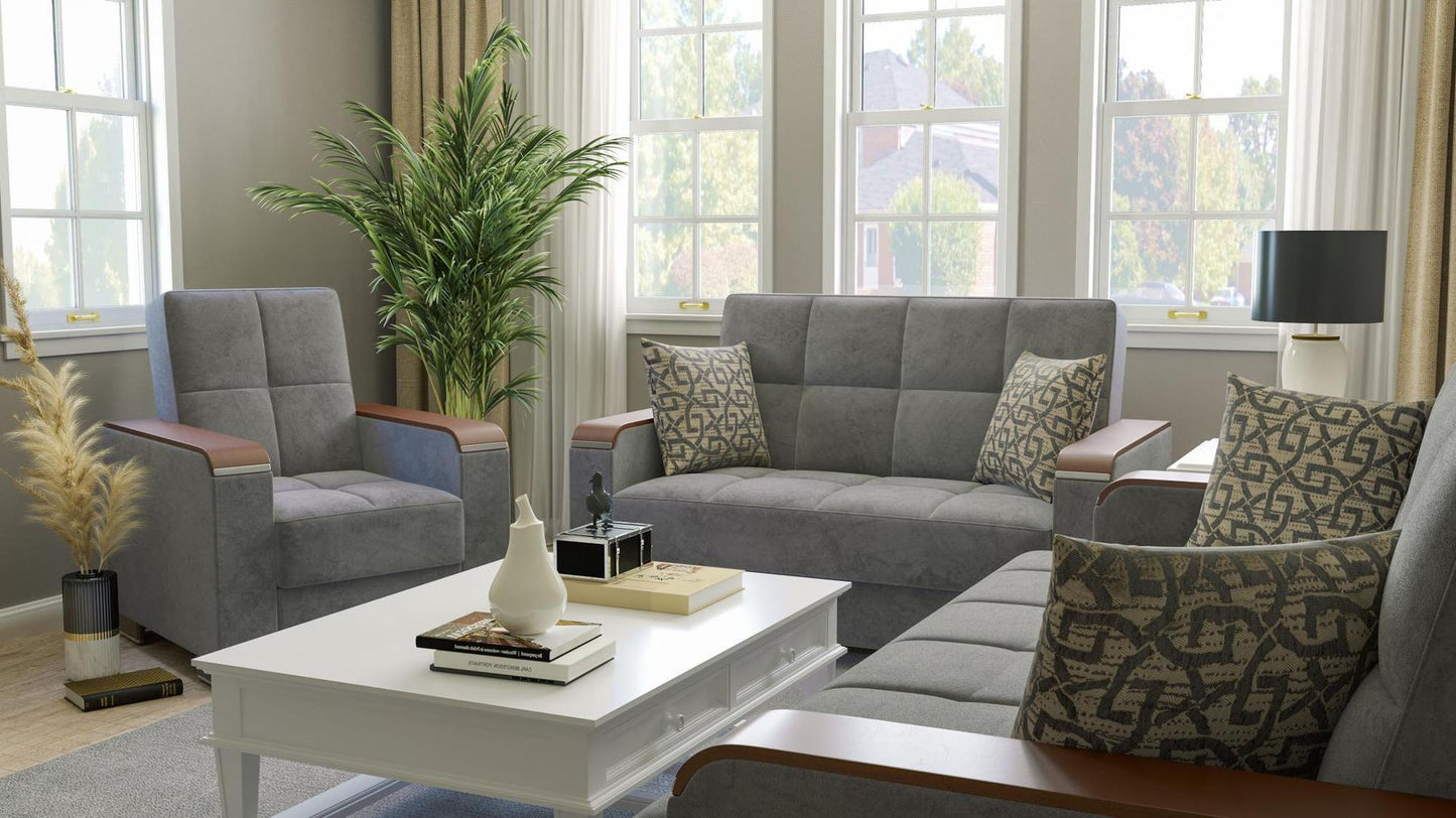 Modern design, Pewter Gray , Microfiber upholstered convertible Armchair with underseat storage from Voyage Luxe by Ottomanson in living room lifestyle setting with another piece of furniture. This Armchair measures 38 inches width by 36 inches depth by 41 inches height.