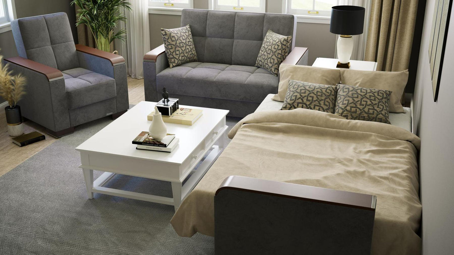 Modern design, Pewter Gray , Microfiber upholstered convertible Armchair with underseat storage from Voyage Luxe by Ottomanson in living room lifestyle setting converted to sleeper. This Armchair measures 38 inches width by 36 inches depth by 41 inches height.