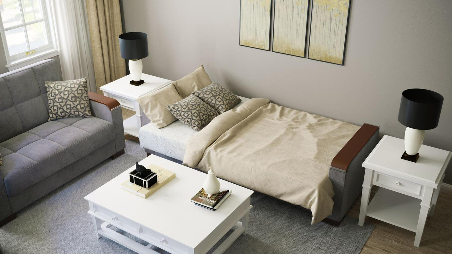 Modern design, Pewter Gray , Microfiber upholstered convertible sleeper Sofabed with underseat storage from Voyage Luxe by Ottomanson in living room lifestyle setting converted to sleeper. This Sofabed measures 90 inches width by 36 inches depth by 41 inches height.