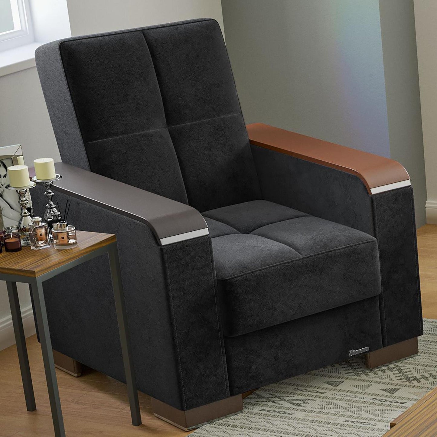 Modern design, Black , Microfiber upholstered convertible Armchair with underseat storage from Voyage Luxe by Ottomanson in living room lifestyle setting by itself. This Armchair measures 38 inches width by 36 inches depth by 41 inches height.