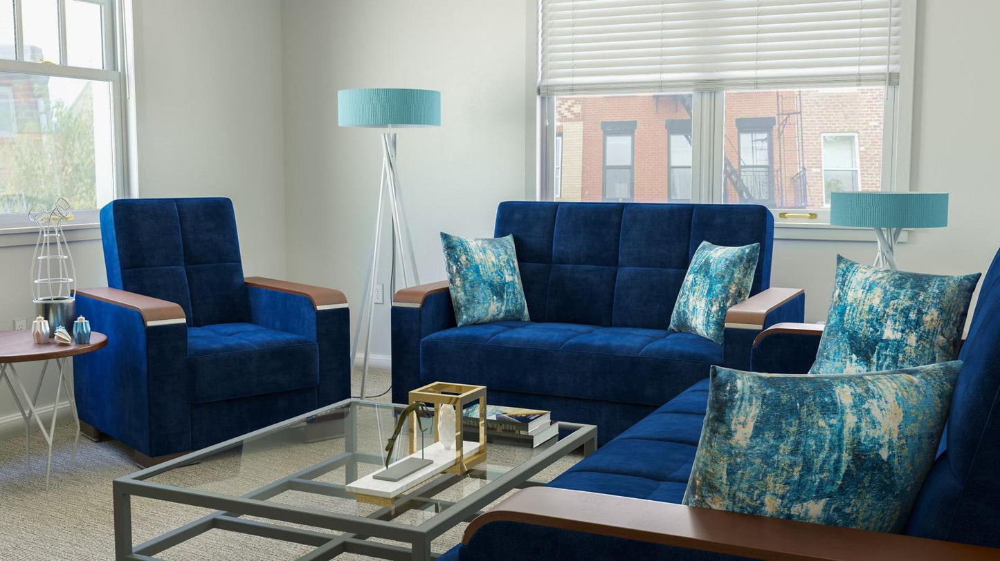 Modern design, True Blue , Microfiber upholstered convertible Armchair with underseat storage from Voyage Luxe by Ottomanson in living room lifestyle setting with another piece of furniture. This Armchair measures 38 inches width by 36 inches depth by 41 inches height.