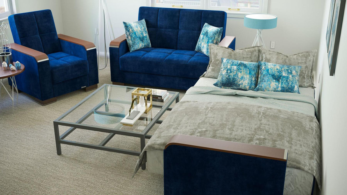 Modern design, True Blue , Microfiber upholstered convertible Armchair with underseat storage from Voyage Luxe by Ottomanson in living room lifestyle setting converted to sleeper. This Armchair measures 38 inches width by 36 inches depth by 41 inches height.