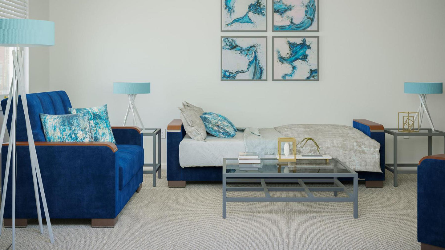 Modern design, True Blue , Microfiber upholstered convertible sleeper Sofabed with underseat storage from Voyage Luxe by Ottomanson in living room lifestyle setting converted to sleeper. This Sofabed measures 90 inches width by 36 inches depth by 41 inches height.