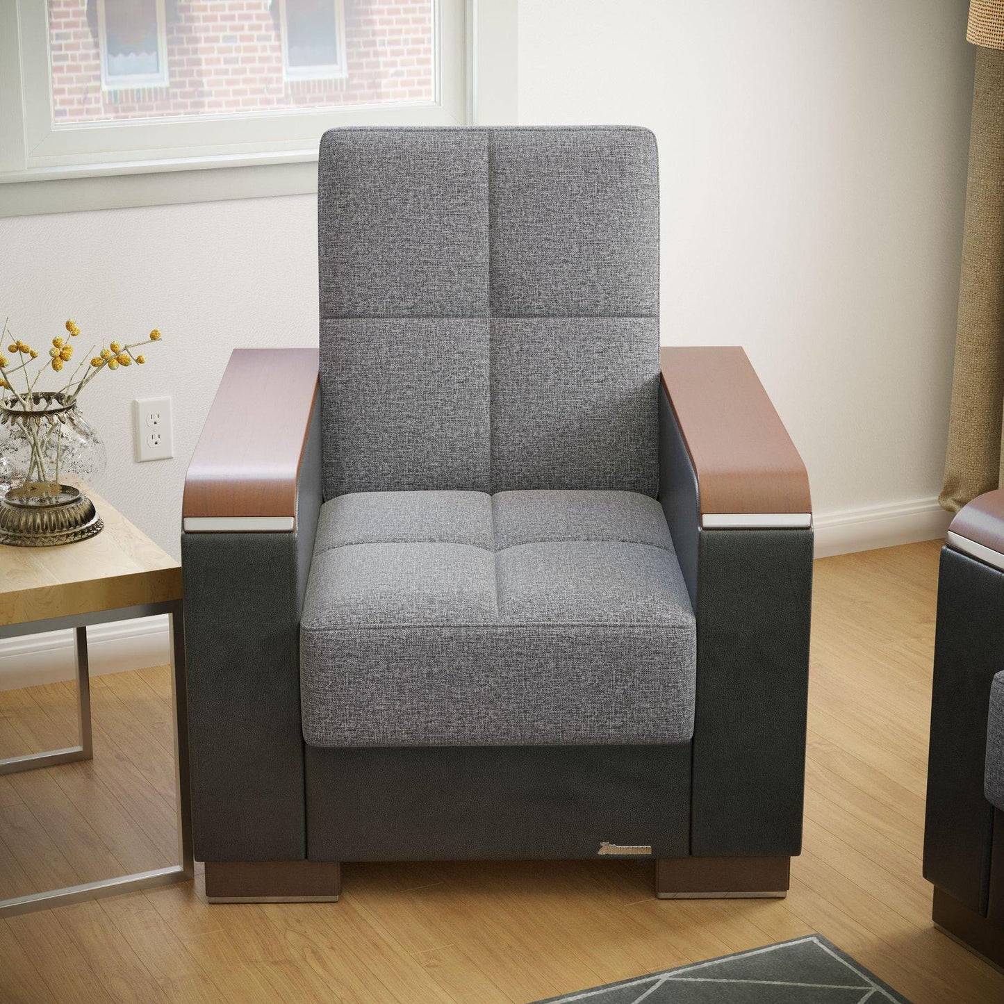 Modern design, Salt and Pepper Gray, Black , Chenille, Artificial Leather upholstered convertible Armchair with underseat storage from Voyage Luxe by Ottomanson in living room lifestyle setting by itself. This Armchair measures 38 inches width by 36 inches depth by 41 inches height.