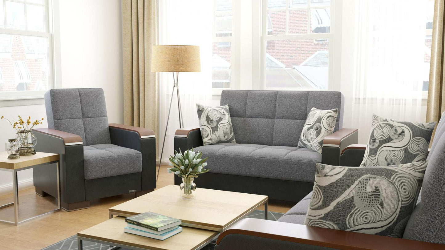 Modern design, Salt and Pepper Gray, Black , Chenille, Artificial Leather upholstered convertible Armchair with underseat storage from Voyage Luxe by Ottomanson in living room lifestyle setting with another piece of furniture. This Armchair measures 38 inches width by 36 inches depth by 41 inches height.