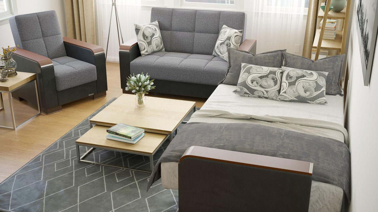 Modern design, Salt and Pepper Gray, Black , Chenille, Artificial Leather upholstered convertible Armchair with underseat storage from Voyage Luxe by Ottomanson in living room lifestyle setting converted to sleeper. This Armchair measures 38 inches width by 36 inches depth by 41 inches height.