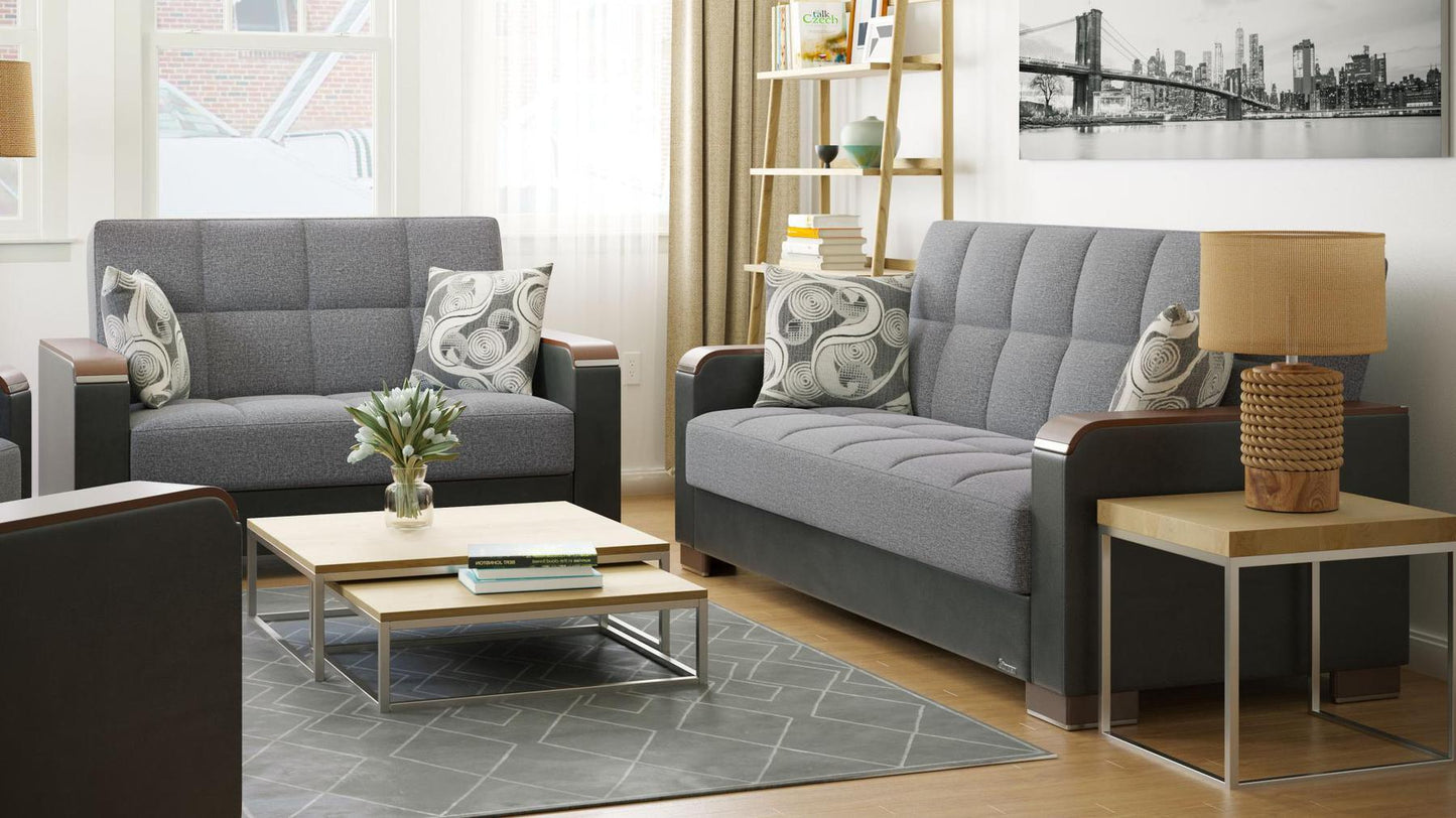 Modern design, Salt and Pepper Gray, Black , Chenille, Artificial Leather upholstered convertible sleeper Loveseat with underseat storage from Voyage Luxe by Ottomanson in living room lifestyle setting with another piece of furniture. This Loveseat measures 67 inches width by 36 inches depth by 41 inches height.