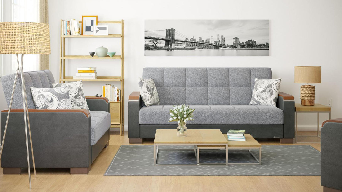 Modern design, Salt and Pepper Gray, Black , Chenille, Artificial Leather upholstered convertible sleeper Sofabed with underseat storage from Voyage Luxe by Ottomanson in living room lifestyle setting with another piece of furniture. This Sofabed measures 90 inches width by 36 inches depth by 41 inches height.