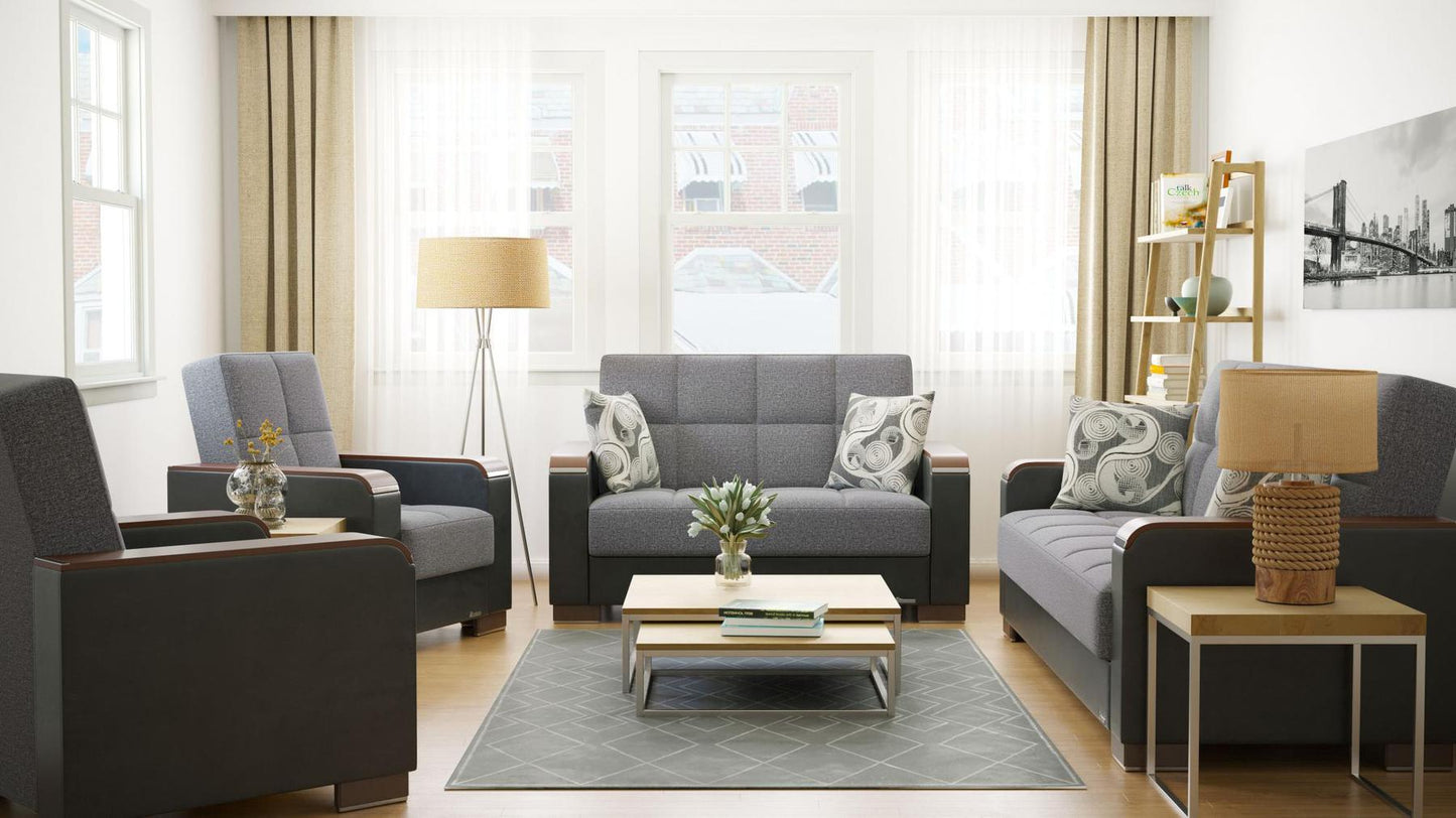 Modern design, Salt and Pepper Gray, Black , Chenille, Artificial Leather upholstered convertible sleeper Sofabed with underseat storage from Voyage Luxe by Ottomanson in living room lifestyle setting with the matching furniture set. This Sofabed measures 90 inches width by 36 inches depth by 41 inches height.