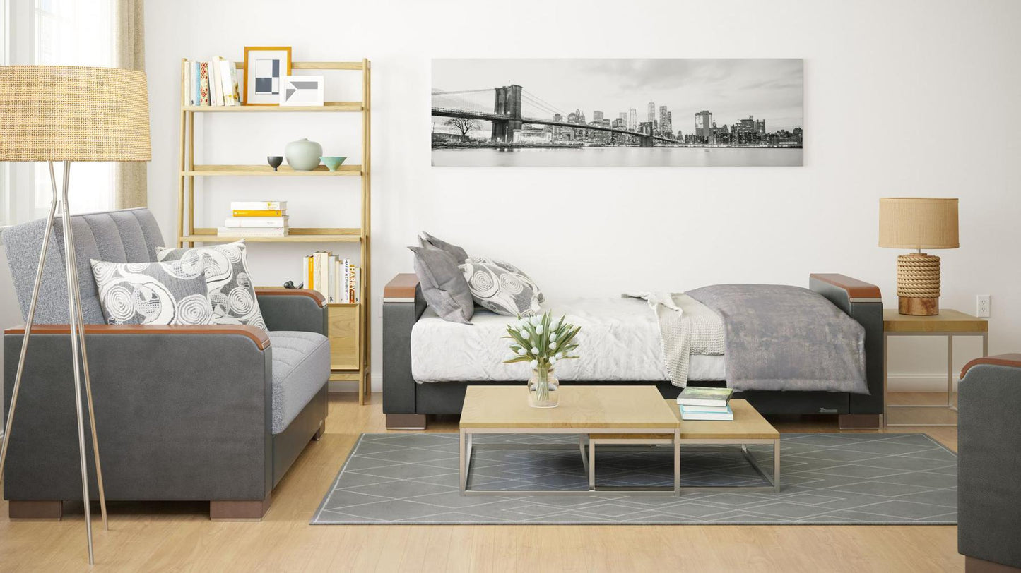 Modern design, Salt and Pepper Gray, Black , Chenille, Artificial Leather upholstered convertible sleeper Sofabed with underseat storage from Voyage Luxe by Ottomanson in living room lifestyle setting converted to sleeper. This Sofabed measures 90 inches width by 36 inches depth by 41 inches height.