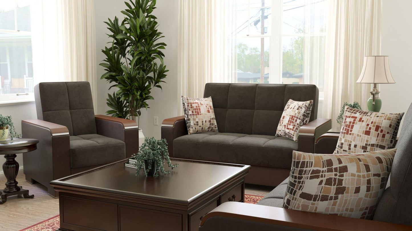 Modern design, Friar Brown, Dark Brown , Microfiber, Artificial Leather upholstered convertible Armchair with underseat storage from Voyage Luxe by Ottomanson in living room lifestyle setting with another piece of furniture. This Armchair measures 38 inches width by 36 inches depth by 41 inches height.