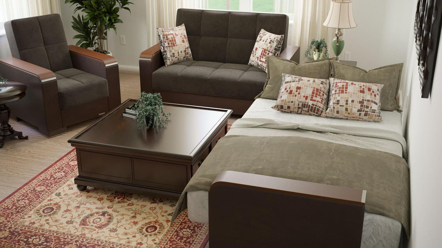 Modern design, Friar Brown, Dark Brown , Microfiber, Artificial Leather upholstered convertible Armchair with underseat storage from Voyage Luxe by Ottomanson in living room lifestyle setting converted to sleeper. This Armchair measures 38 inches width by 36 inches depth by 41 inches height.
