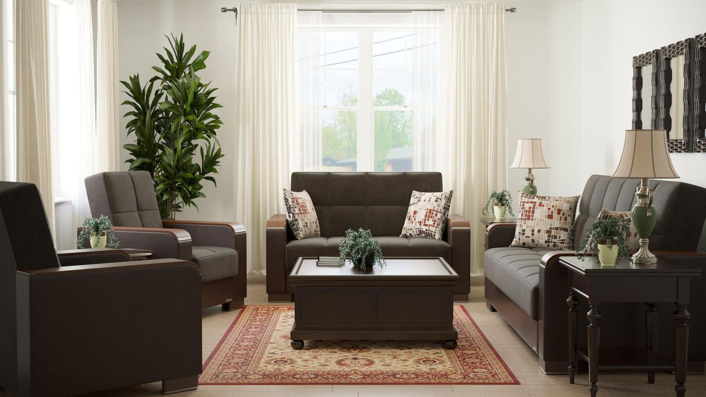 Modern design, Friar Brown, Dark Brown , Microfiber, Artificial Leather upholstered convertible sleeper Loveseat with underseat storage from Voyage Luxe by Ottomanson in living room lifestyle setting with the matching furniture set. This Loveseat measures 67 inches width by 36 inches depth by 41 inches height.