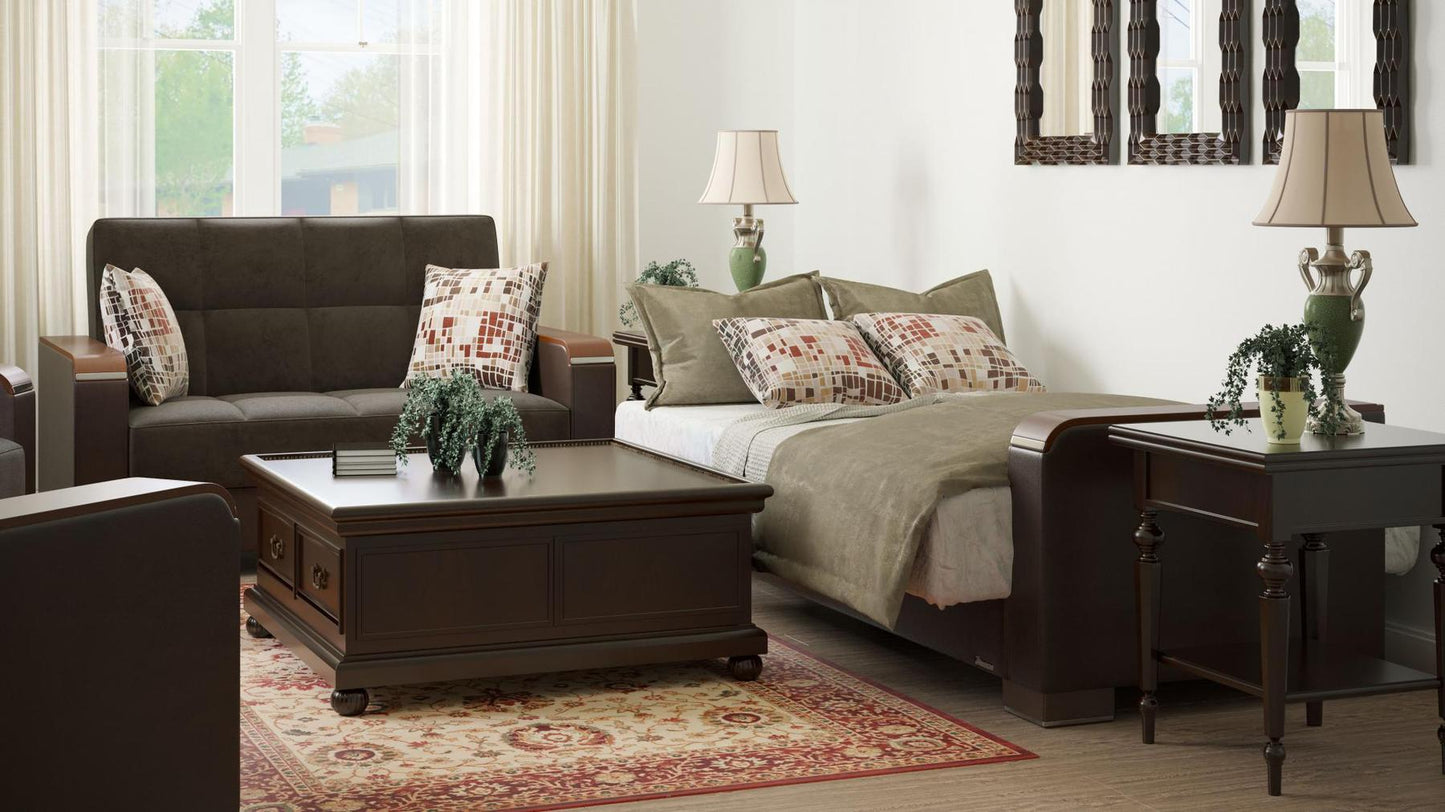 Modern design, Friar Brown, Dark Brown , Microfiber, Artificial Leather upholstered convertible sleeper Loveseat with underseat storage from Voyage Luxe by Ottomanson in living room lifestyle setting converted to sleeper. This Loveseat measures 67 inches width by 36 inches depth by 41 inches height.