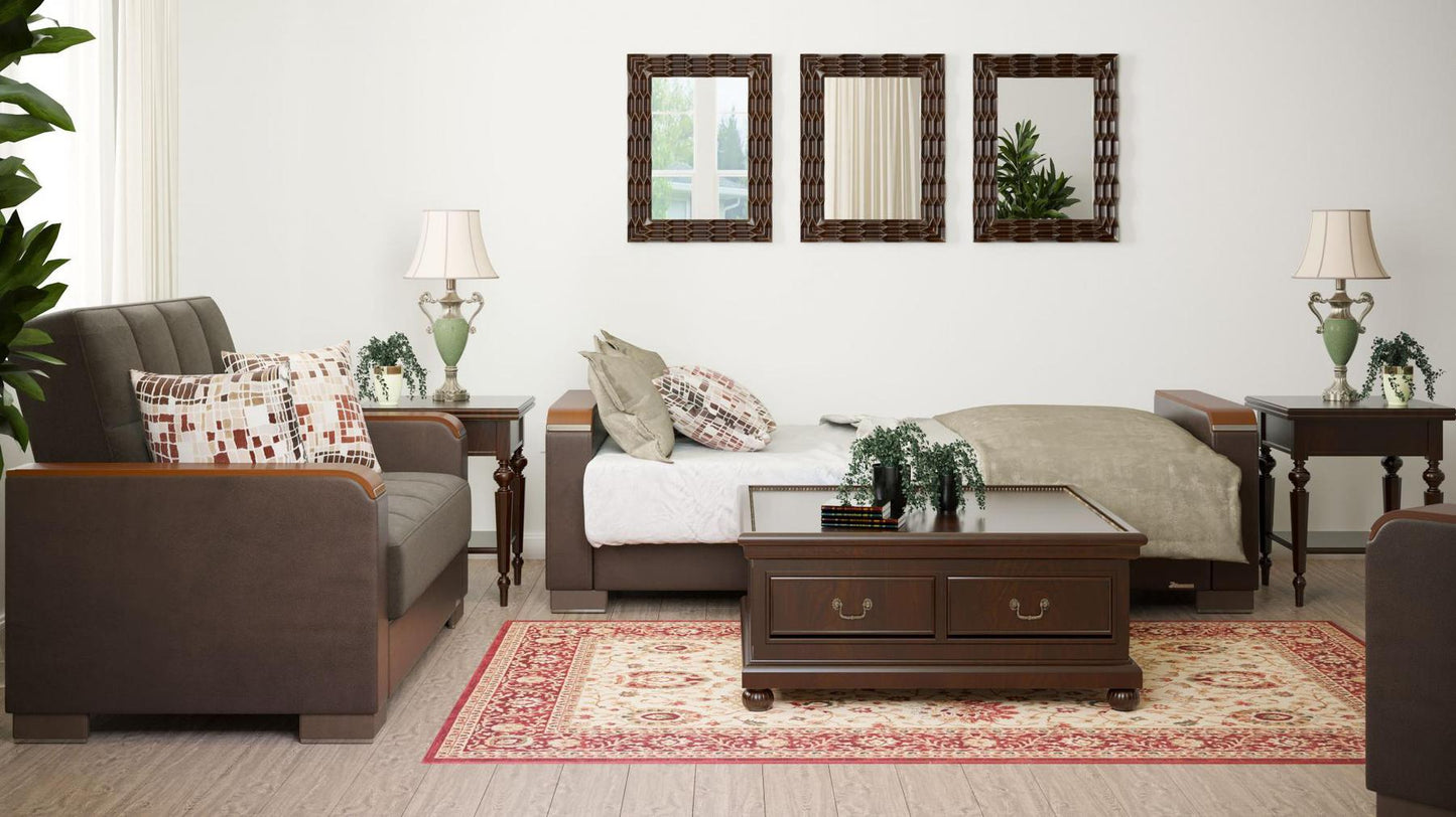 Modern design, Friar Brown, Dark Brown , Microfiber, Artificial Leather upholstered convertible sleeper Sofabed with underseat storage from Voyage Luxe by Ottomanson in living room lifestyle setting converted to sleeper. This Sofabed measures 90 inches width by 36 inches depth by 41 inches height.