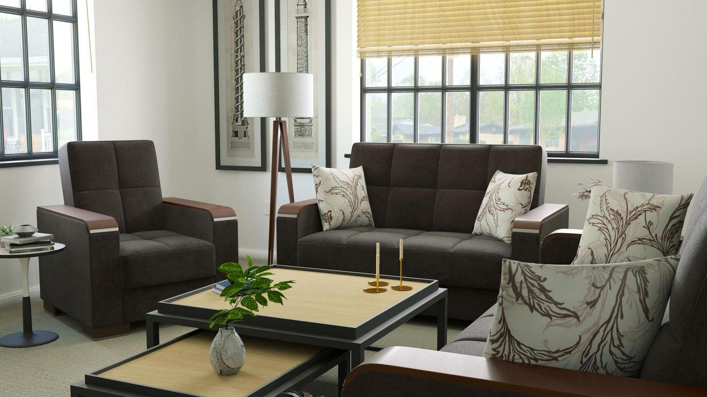 Modern design, Friar Brown , Microfiber upholstered convertible Armchair with underseat storage from Voyage Luxe by Ottomanson in living room lifestyle setting with another piece of furniture. This Armchair measures 38 inches width by 36 inches depth by 41 inches height.