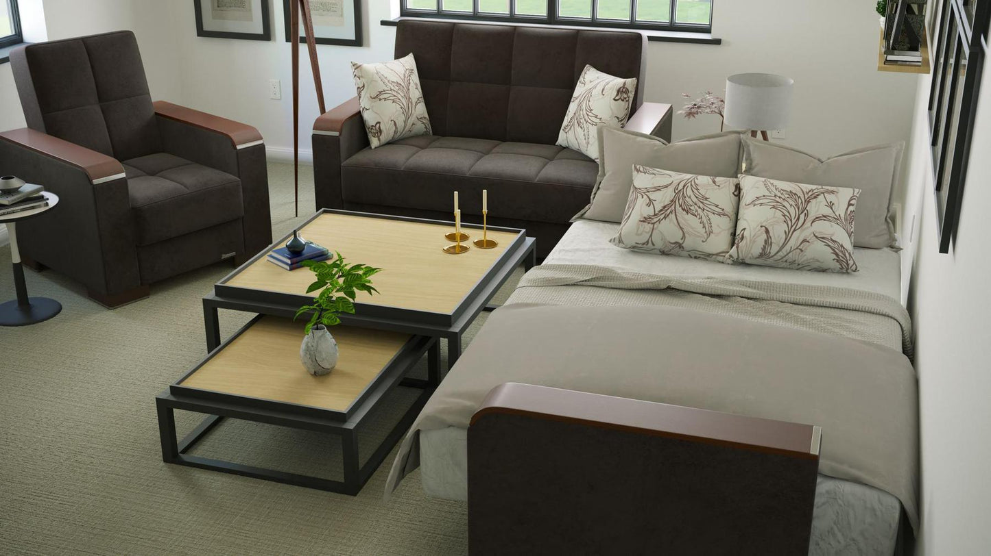 Modern design, Friar Brown , Microfiber upholstered convertible Armchair with underseat storage from Voyage Luxe by Ottomanson in living room lifestyle setting converted to sleeper. This Armchair measures 38 inches width by 36 inches depth by 41 inches height.