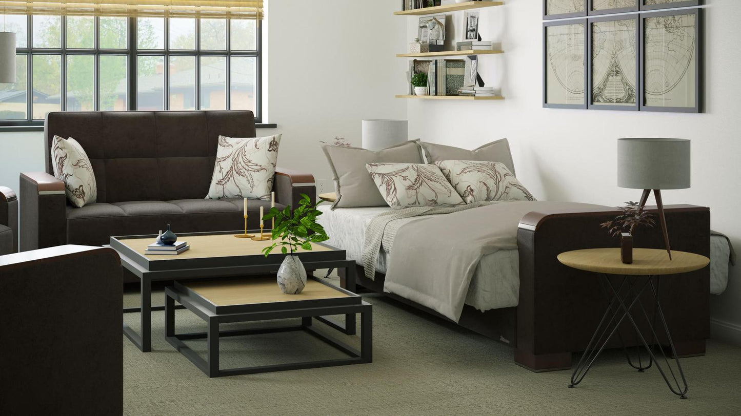 Modern design, Friar Brown , Microfiber upholstered convertible sleeper Loveseat with underseat storage from Voyage Luxe by Ottomanson in living room lifestyle setting converted to sleeper. This Loveseat measures 67 inches width by 36 inches depth by 41 inches height.