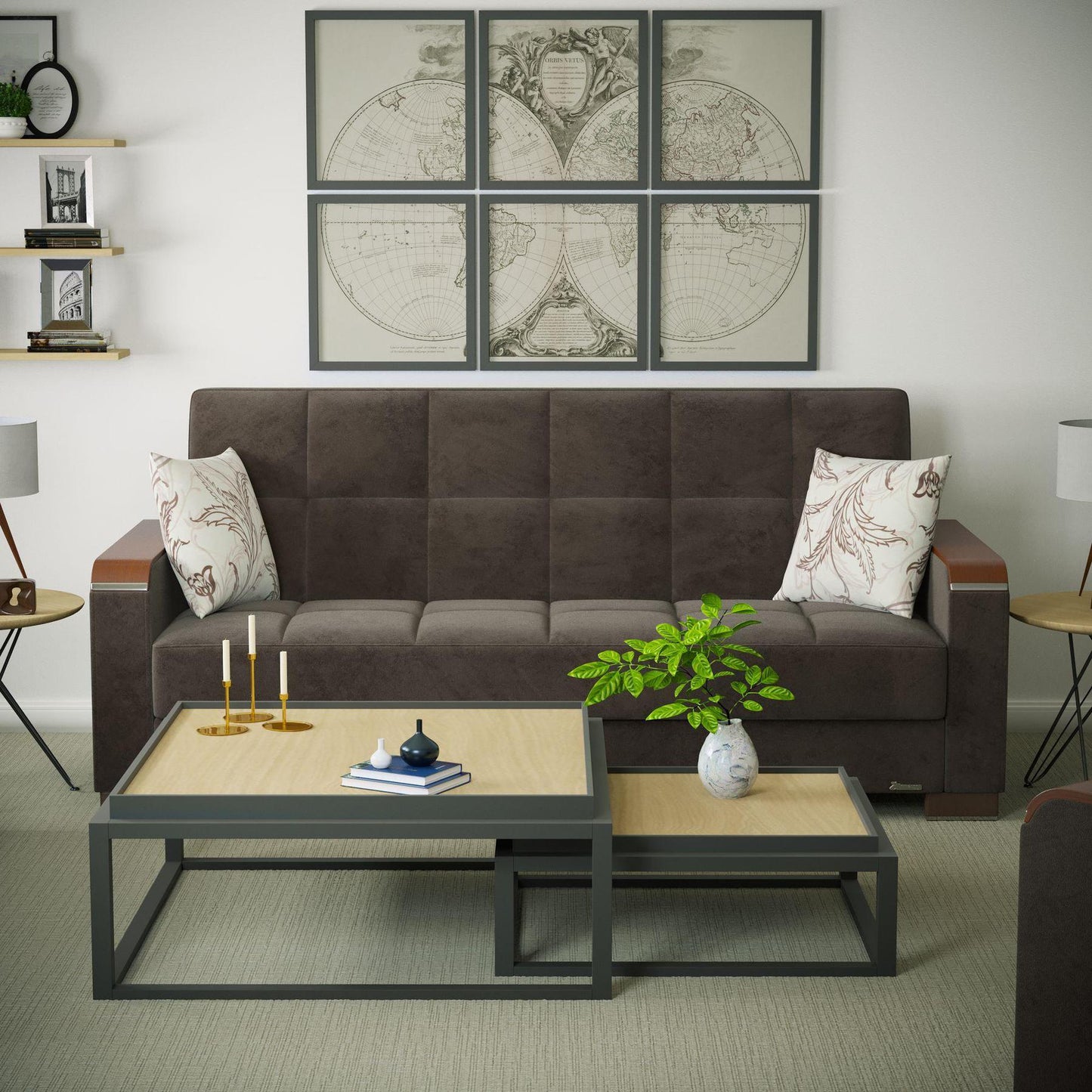 Modern design, Friar Brown , Microfiber upholstered convertible sleeper Sofabed with underseat storage from Voyage Luxe by Ottomanson in living room lifestyle setting by itself. This Sofabed measures 90 inches width by 36 inches depth by 41 inches height.