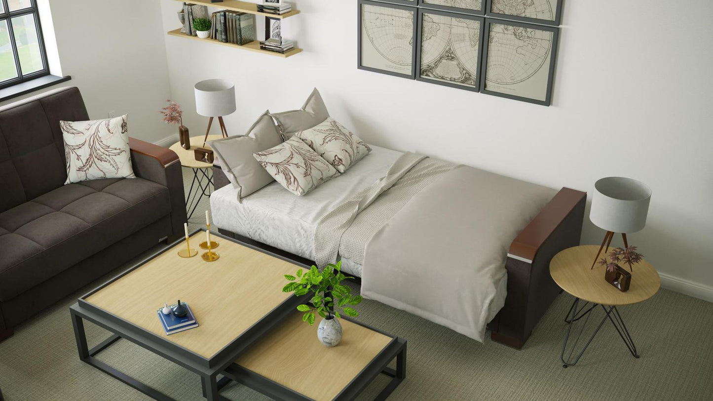 Modern design, Friar Brown , Microfiber upholstered convertible sleeper Sofabed with underseat storage from Voyage Luxe by Ottomanson in living room lifestyle setting converted to sleeper. This Sofabed measures 90 inches width by 36 inches depth by 41 inches height.