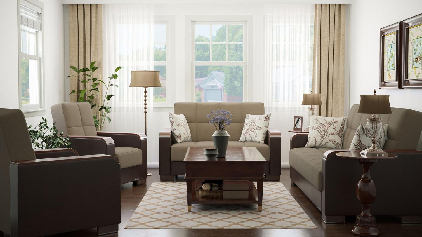 Modern design, Light Taupe, Dark Brown , Chenille, Artificial Leather upholstered convertible Armchair with underseat storage from Voyage Luxe by Ottomanson in living room lifestyle setting with the matching furniture set. This Armchair measures 38 inches width by 36 inches depth by 41 inches height.