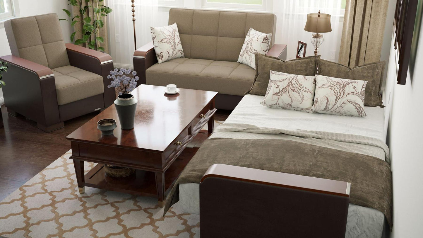Modern design, Light Taupe, Dark Brown , Chenille, Artificial Leather upholstered convertible Armchair with underseat storage from Voyage Luxe by Ottomanson in living room lifestyle setting converted to sleeper. This Armchair measures 38 inches width by 36 inches depth by 41 inches height.