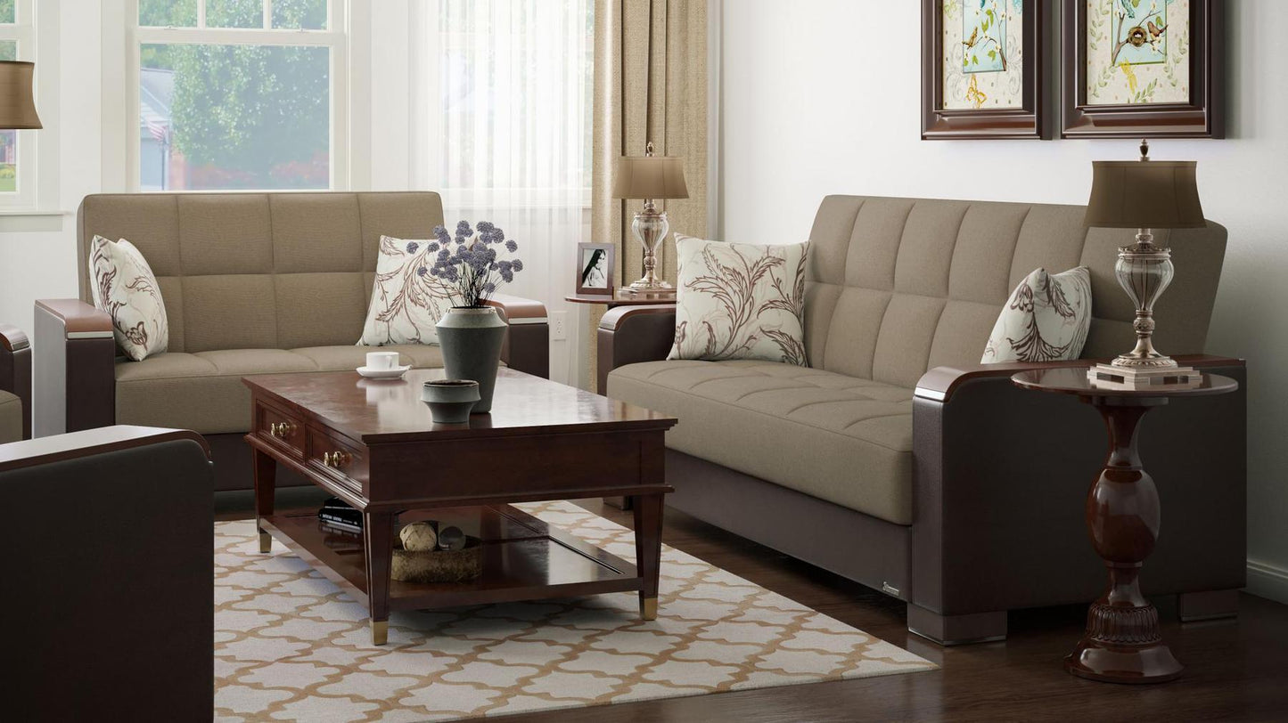 Modern design, Light Taupe, Dark Brown , Chenille, Artificial Leather upholstered convertible sleeper Loveseat with underseat storage from Voyage Luxe by Ottomanson in living room lifestyle setting with another piece of furniture. This Loveseat measures 67 inches width by 36 inches depth by 41 inches height.