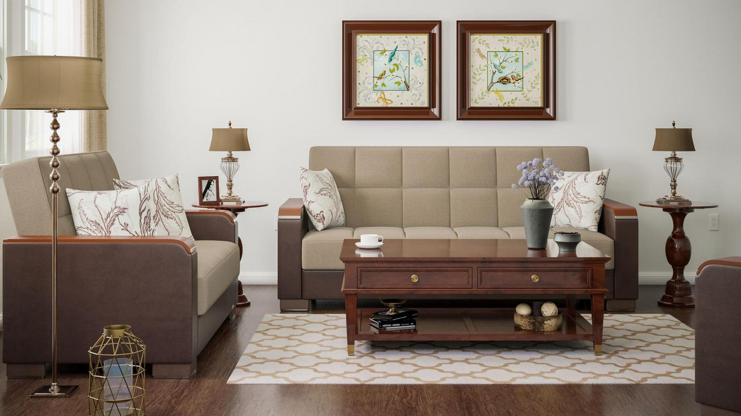 Modern design, Light Taupe, Dark Brown , Chenille, Artificial Leather upholstered convertible sleeper Sofabed with underseat storage from Voyage Luxe by Ottomanson in living room lifestyle setting with another piece of furniture. This Sofabed measures 90 inches width by 36 inches depth by 41 inches height.