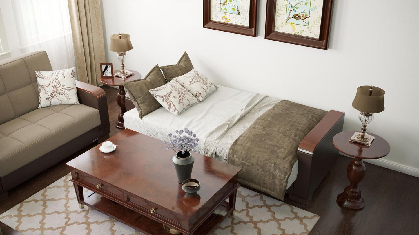 Modern design, Light Taupe, Dark Brown , Chenille, Artificial Leather upholstered convertible sleeper Sofabed with underseat storage from Voyage Luxe by Ottomanson in living room lifestyle setting converted to sleeper. This Sofabed measures 90 inches width by 36 inches depth by 41 inches height.