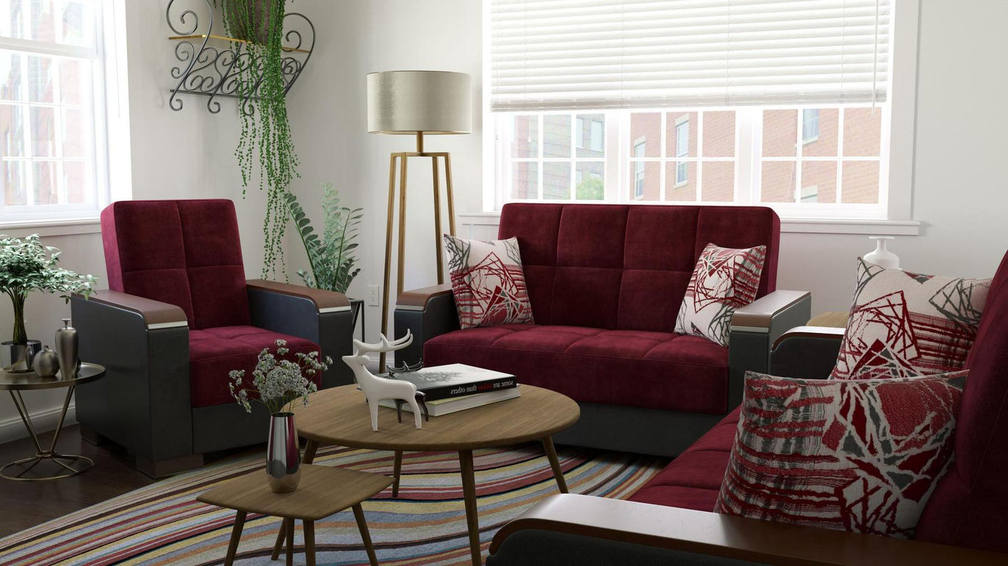 Modern design, Beaujolais, Black , Microfiber, Artificial Leather upholstered convertible Armchair with underseat storage from Voyage Luxe by Ottomanson in living room lifestyle setting with another piece of furniture. This Armchair measures 38 inches width by 36 inches depth by 41 inches height.