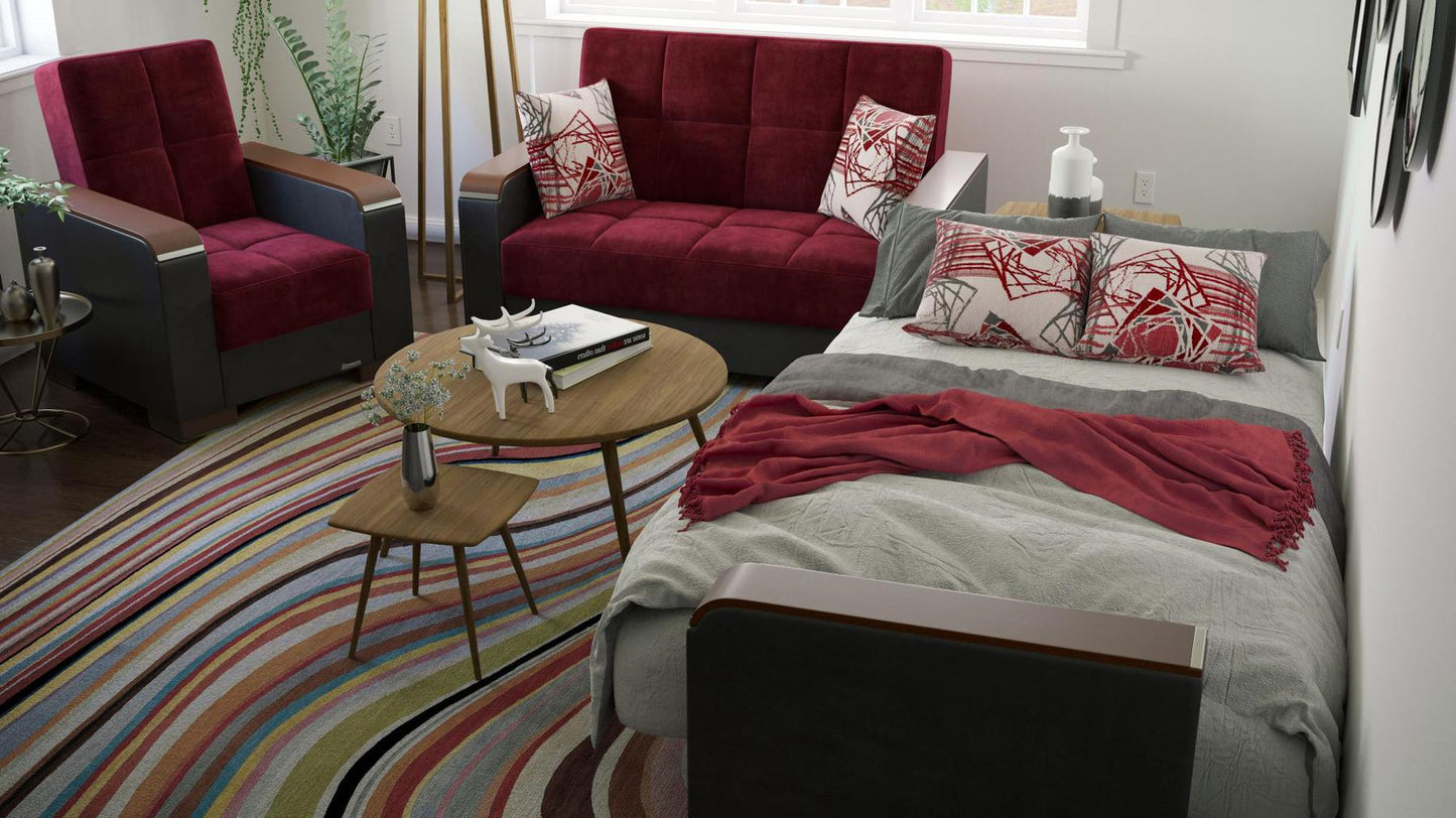 Modern design, Beaujolais, Black , Microfiber, Artificial Leather upholstered convertible Armchair with underseat storage from Voyage Luxe by Ottomanson in living room lifestyle setting converted to sleeper. This Armchair measures 38 inches width by 36 inches depth by 41 inches height.