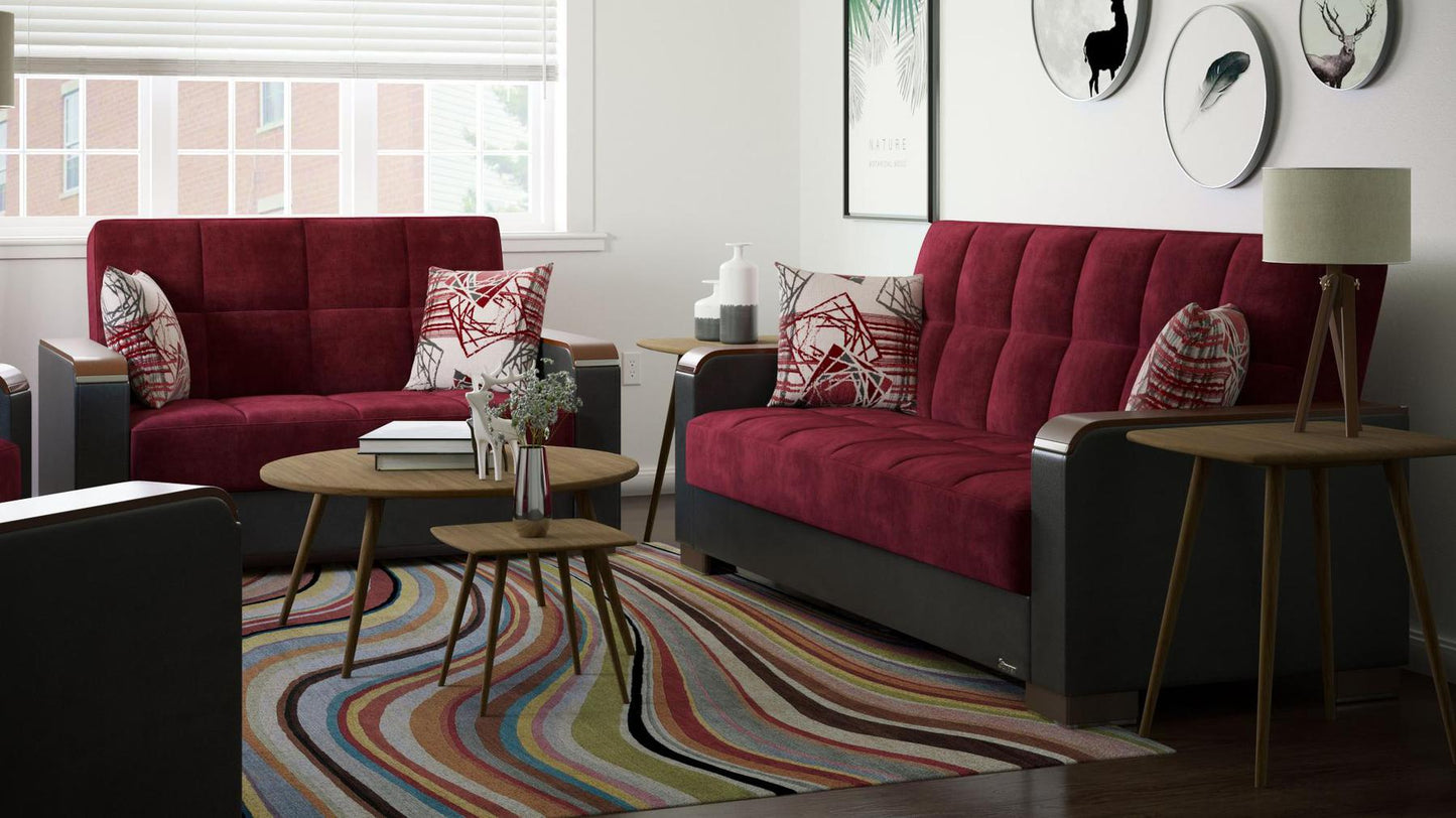 Modern design, Beaujolais, Black , Microfiber, Artificial Leather upholstered convertible sleeper Loveseat with underseat storage from Voyage Luxe by Ottomanson in living room lifestyle setting with another piece of furniture. This Loveseat measures 67 inches width by 36 inches depth by 41 inches height.
