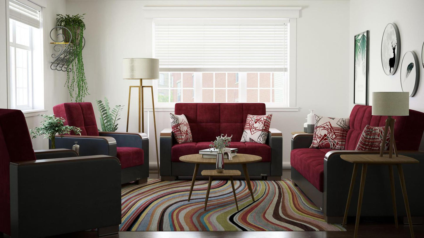 Modern design, Beaujolais, Black , Microfiber, Artificial Leather upholstered convertible sleeper Loveseat with underseat storage from Voyage Luxe by Ottomanson in living room lifestyle setting with the matching furniture set. This Loveseat measures 67 inches width by 36 inches depth by 41 inches height.