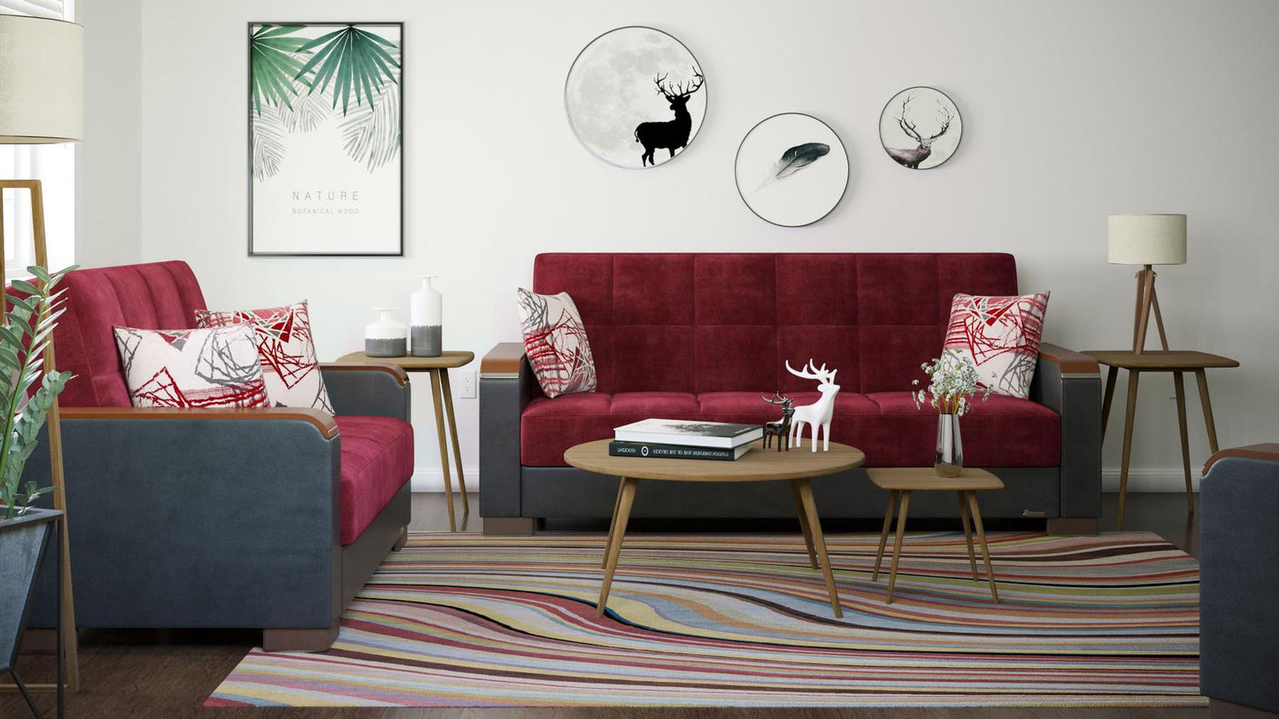 Modern design, Beaujolais, Black , Microfiber, Artificial Leather upholstered convertible sleeper Sofabed with underseat storage from Voyage Luxe by Ottomanson in living room lifestyle setting with another piece of furniture. This Sofabed measures 90 inches width by 36 inches depth by 41 inches height.