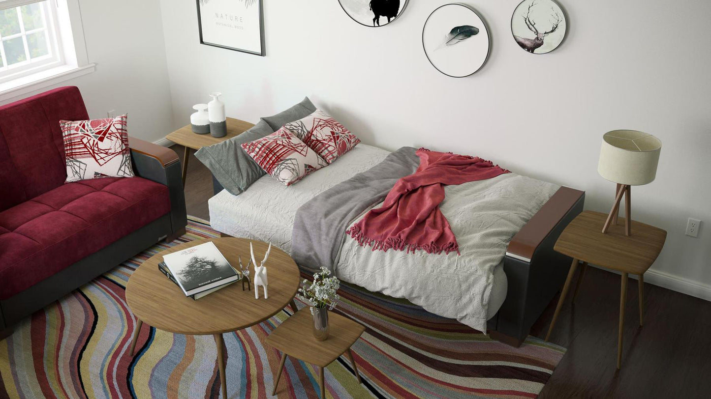 Modern design, Beaujolais, Black , Microfiber, Artificial Leather upholstered convertible sleeper Sofabed with underseat storage from Voyage Luxe by Ottomanson in living room lifestyle setting converted to sleeper. This Sofabed measures 90 inches width by 36 inches depth by 41 inches height.