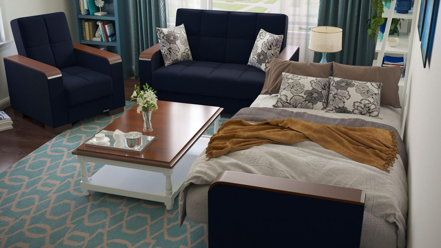 Modern design, Black Blue Denim , Chenille upholstered convertible Armchair with underseat storage from Voyage Luxe by Ottomanson in living room lifestyle setting converted to sleeper. This Armchair measures 38 inches width by 36 inches depth by 41 inches height.