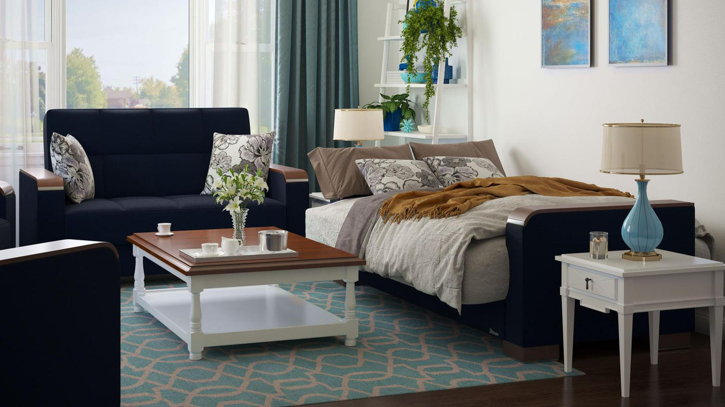 Modern design, Black Blue Denim , Chenille upholstered convertible sleeper Loveseat with underseat storage from Voyage Luxe by Ottomanson in living room lifestyle setting converted to sleeper. This Loveseat measures 67 inches width by 36 inches depth by 41 inches height.