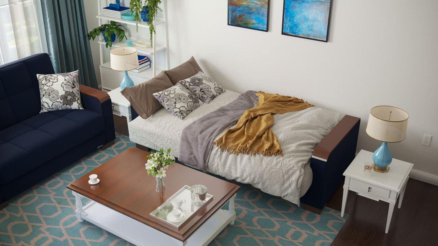 Modern design, Black Blue Denim , Chenille upholstered convertible sleeper Sofabed with underseat storage from Voyage Luxe by Ottomanson in living room lifestyle setting converted to sleeper. This Sofabed measures 90 inches width by 36 inches depth by 41 inches height.