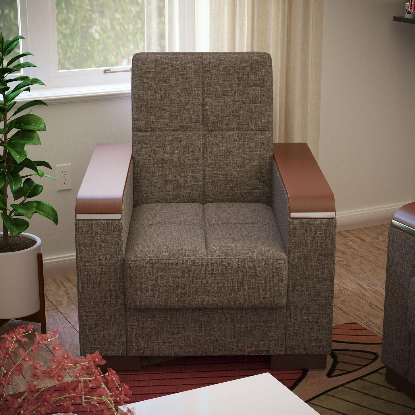 Modern design, Tannin Brown , Chenille upholstered convertible Armchair with underseat storage from Voyage Luxe by Ottomanson in living room lifestyle setting by itself. This Armchair measures 38 inches width by 36 inches depth by 41 inches height.