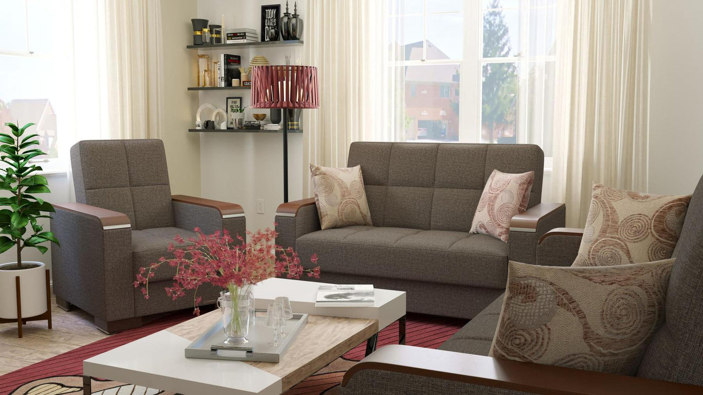 Modern design, Tannin Brown , Chenille upholstered convertible Armchair with underseat storage from Voyage Luxe by Ottomanson in living room lifestyle setting with another piece of furniture. This Armchair measures 38 inches width by 36 inches depth by 41 inches height.