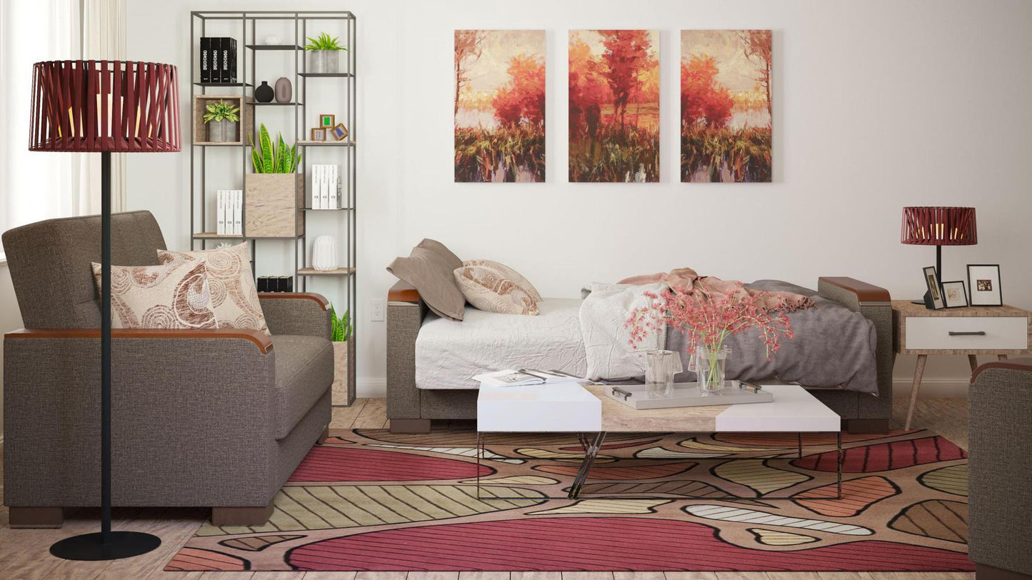 Modern design, Tannin Brown , Chenille upholstered convertible sleeper Sofabed with underseat storage from Voyage Luxe by Ottomanson in living room lifestyle setting converted to sleeper. This Sofabed measures 90 inches width by 36 inches depth by 41 inches height.