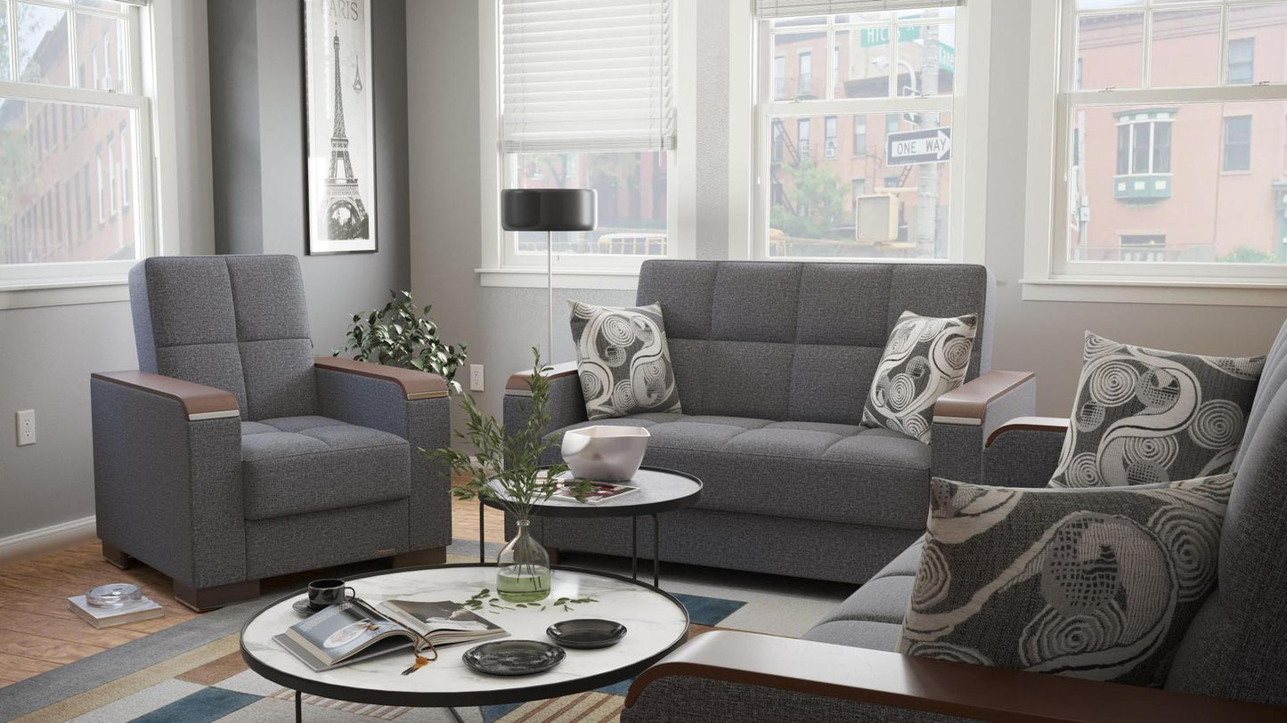 Modern design, Salt and Pepper Gray , Chenille upholstered convertible Armchair with underseat storage from Voyage Luxe by Ottomanson in living room lifestyle setting with another piece of furniture. This Armchair measures 38 inches width by 36 inches depth by 41 inches height.