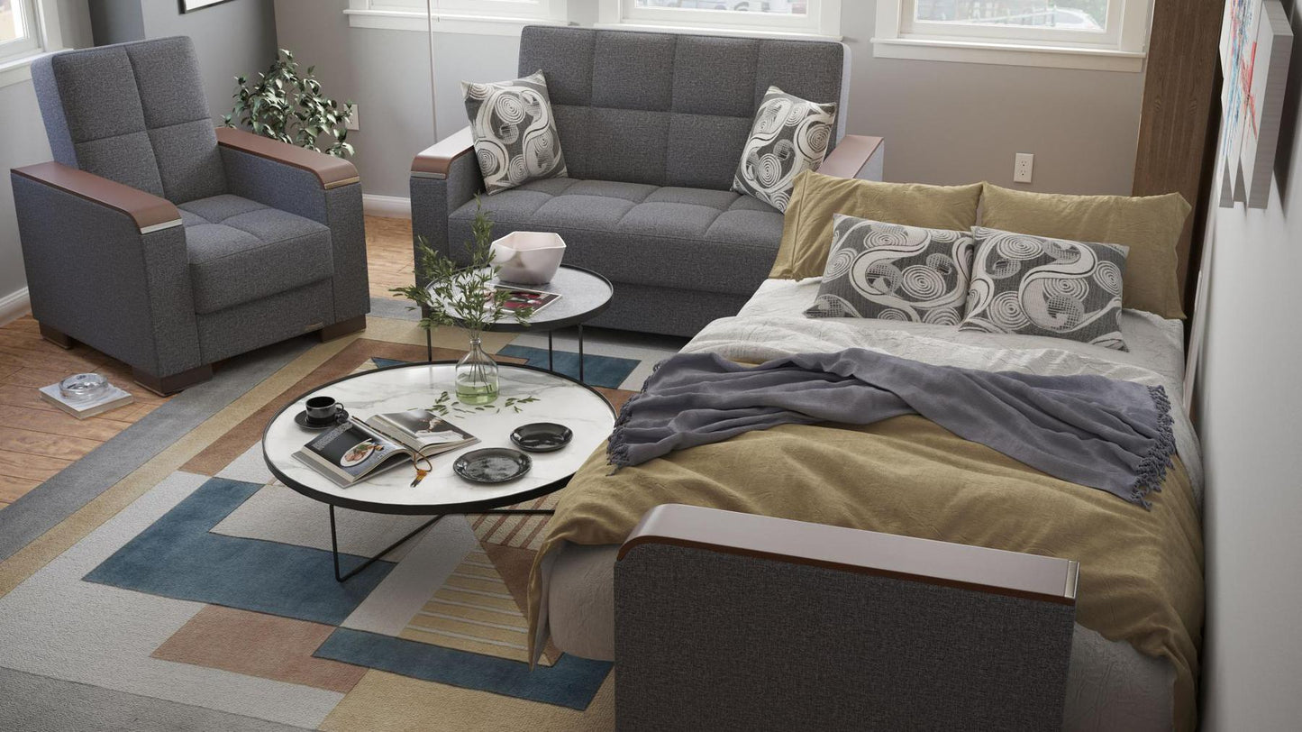 Modern design, Salt and Pepper Gray , Chenille upholstered convertible Armchair with underseat storage from Voyage Luxe by Ottomanson in living room lifestyle setting converted to sleeper. This Armchair measures 38 inches width by 36 inches depth by 41 inches height.