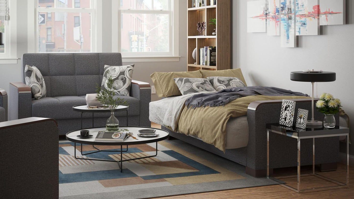 Modern design, Salt and Pepper Gray , Chenille upholstered convertible sleeper Loveseat with underseat storage from Voyage Luxe by Ottomanson in living room lifestyle setting converted to sleeper. This Loveseat measures 67 inches width by 36 inches depth by 41 inches height.