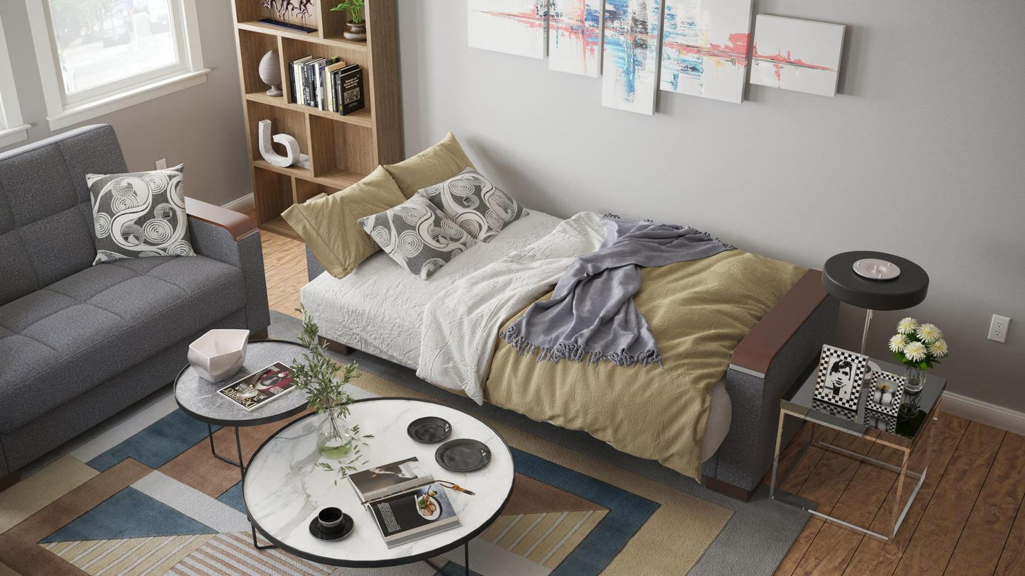 Modern design, Salt and Pepper Gray , Chenille upholstered convertible sleeper Sofabed with underseat storage from Voyage Luxe by Ottomanson in living room lifestyle setting converted to sleeper. This Sofabed measures 90 inches width by 36 inches depth by 41 inches height.