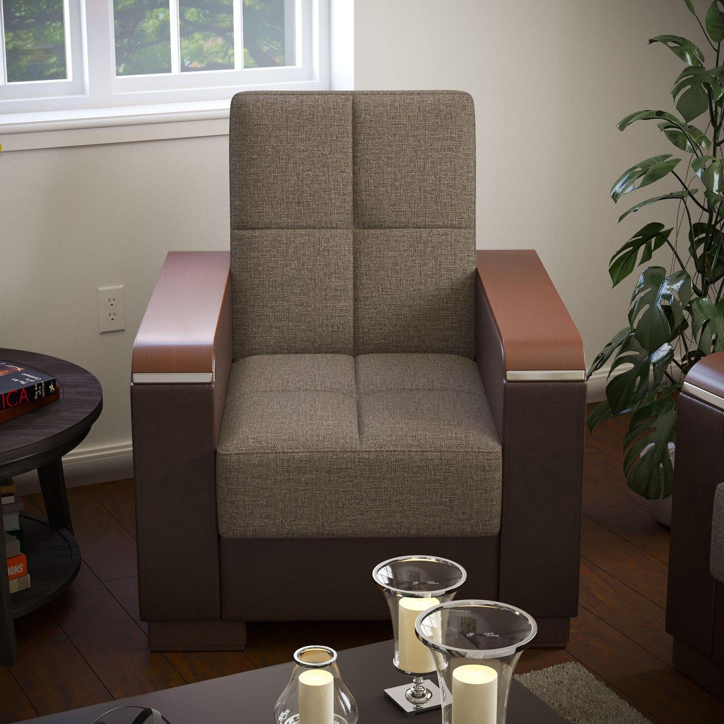 Modern design, Tannin Brown, Dark Brown , Chenille, Artificial Leather upholstered convertible Armchair with underseat storage from Voyage Luxe by Ottomanson in living room lifestyle setting by itself. This Armchair measures 38 inches width by 36 inches depth by 41 inches height.